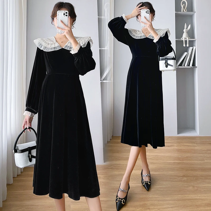 Top Trends: 8279 # Autumn Winter Korean Fashion Maternity Long Dress Ruffle Lace O Neck A Line Slim Clothes For Pregnant Women Pregnancy Ins Shoppable Styles