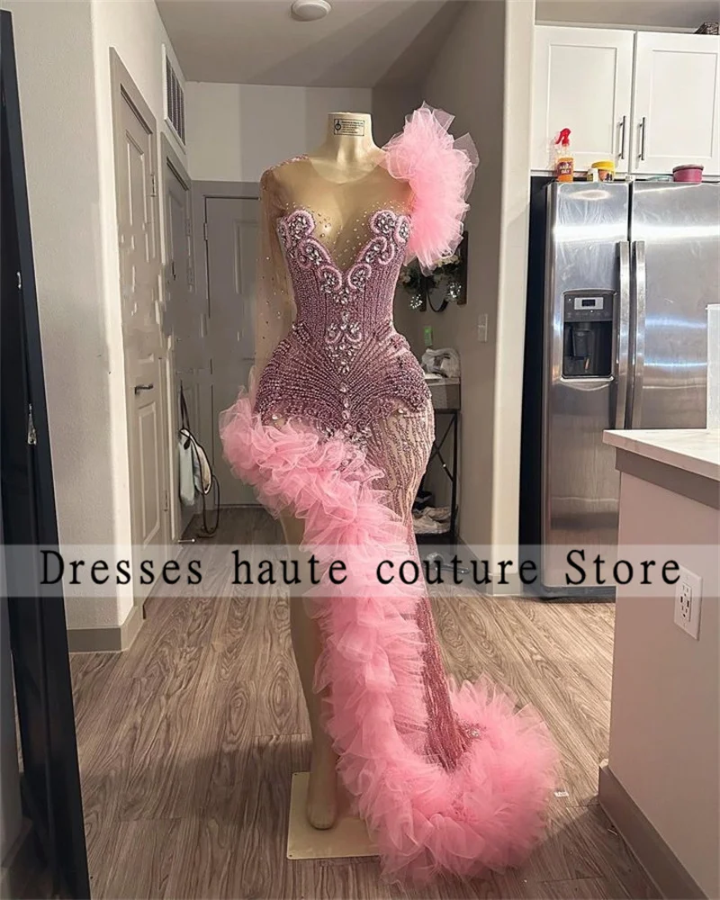 Top Trends: Luxury Pink One Shoulder Prom Dresses 2024 For Black Girl Rhinestones Crystal Ruffles Side Slit Evening Dresses Party Dress Shoppable Styles