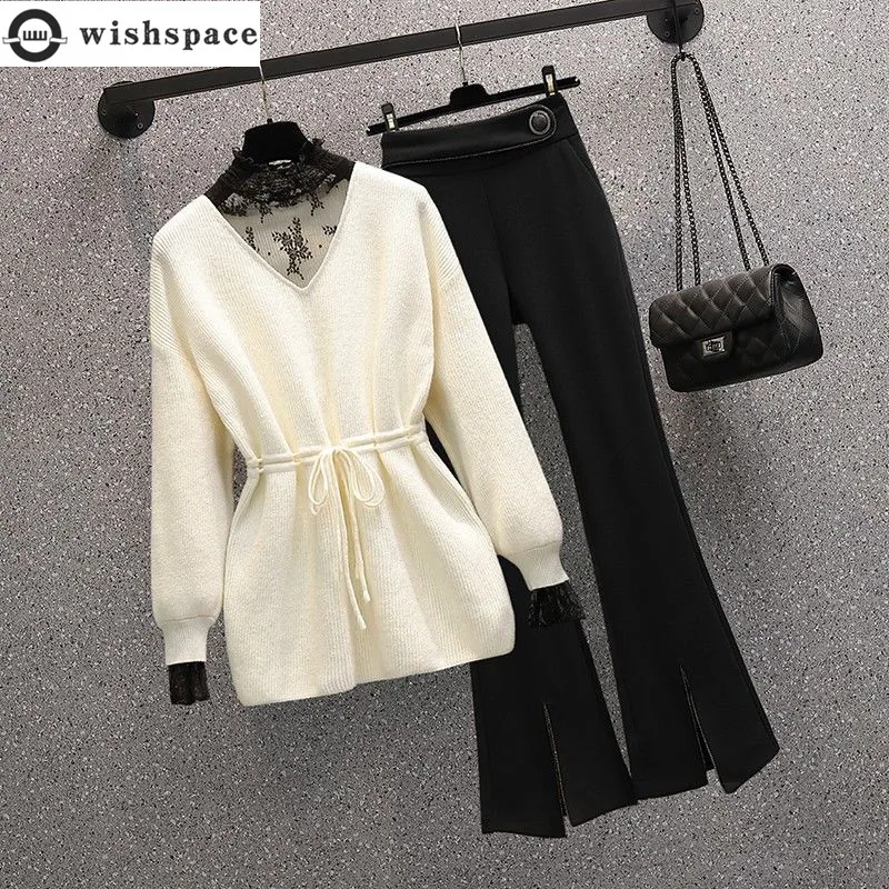 Top Trends: Spring And Autumn New Elegant Women's Pants Set Sexy Lace Sweater Sweater Black Trousers Two-piece Set Female Tracksuit Shoppable Styles