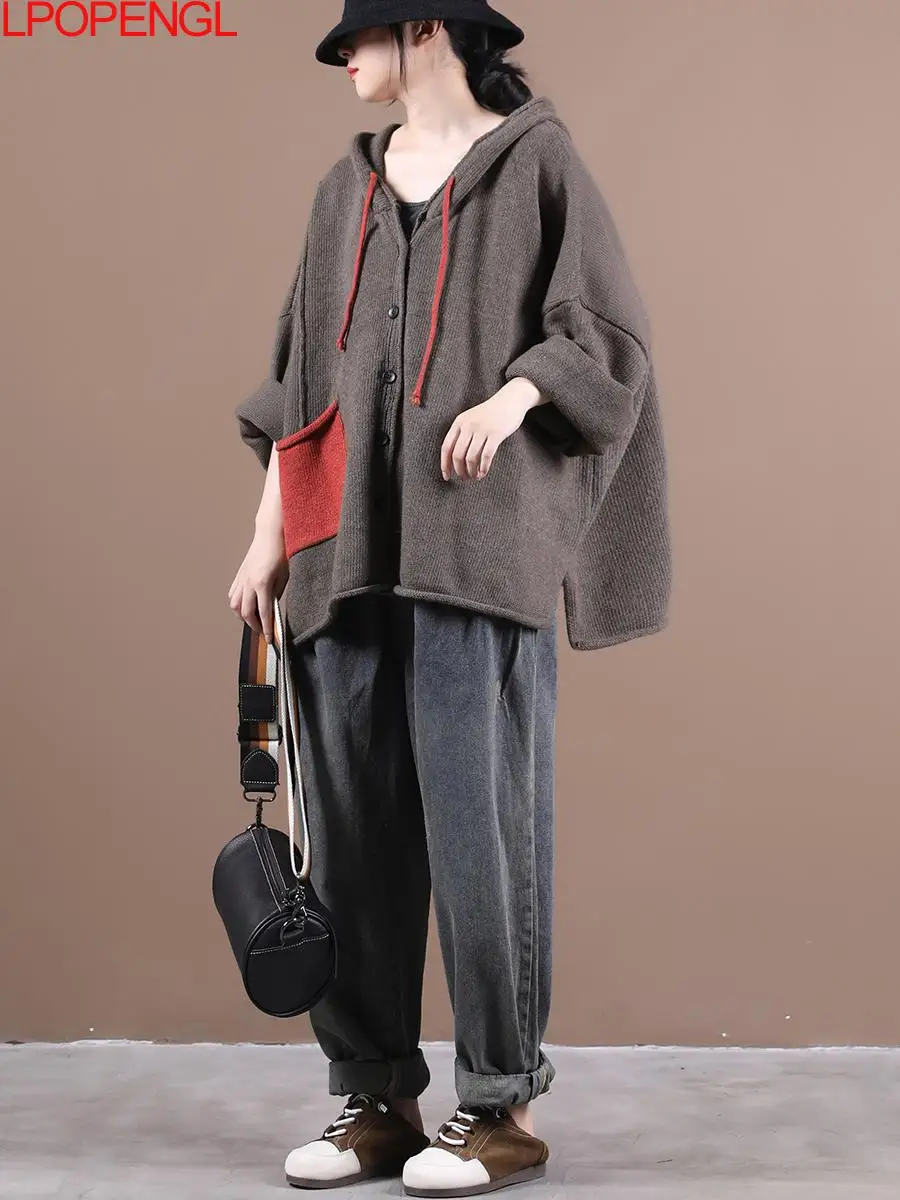 Top Trends: 2022 Women's Autumn Batwing Sleeve Patchwork Sweater Loose Casual All-match Knitted Sweater Streetwear Hooded Loose-fitting Coat Shoppable Styles