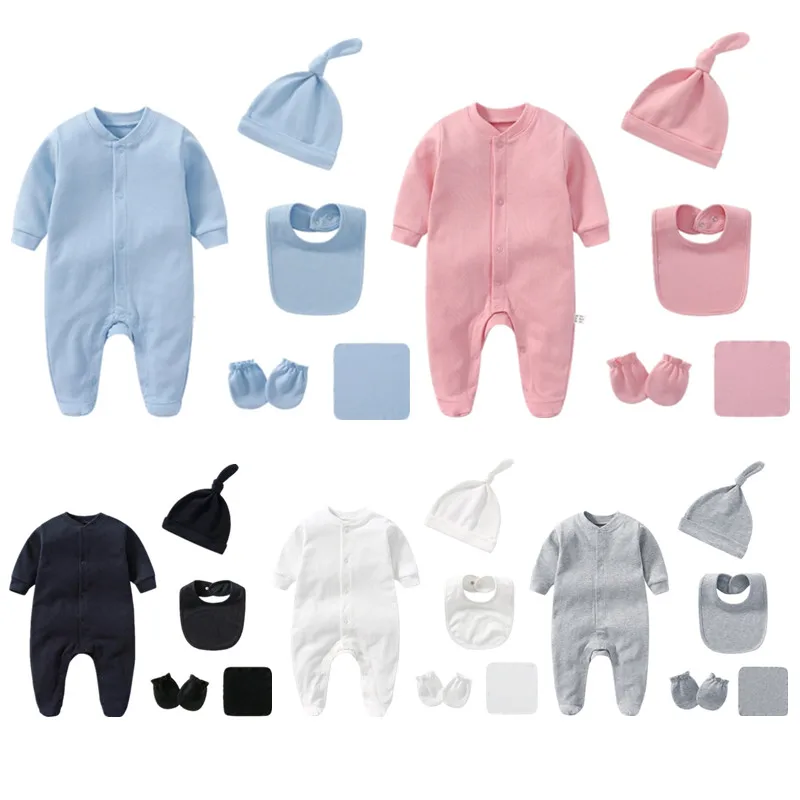 Top Trends: 5 Pcs Baby Long Sleeves Romper+ Bib+ Gloves+ Hat+ Towel Clothes Set Pure Cotton Newborn Crawling Jumpsuit With Mittens For 0-3M Baby Shoppable Styles