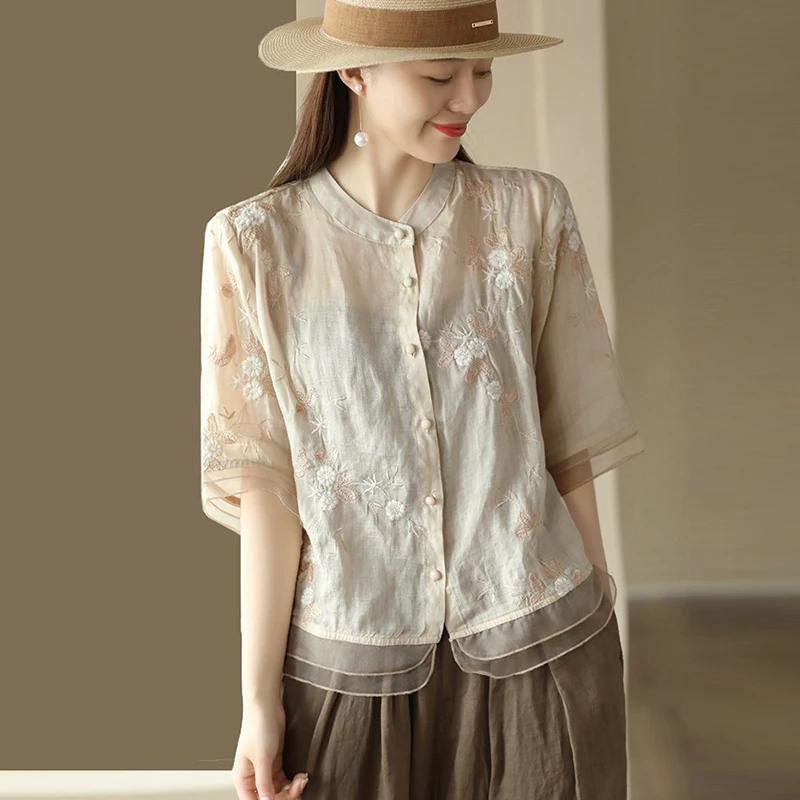 Top Trends: New Flower Chinese Style Blouses Embroidery Women&#039;s Shirts Summer Short Sleeve Cotton Linen Loose Top O-Neck Clothing YCMYUNYAN Shoppable Styles