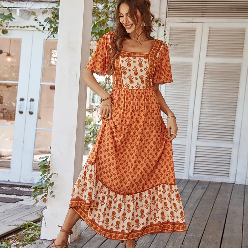 Top Trends: Vintage Floral Square Collar Print Dresses Summer French Bohemian Style Dress Folk-custom Long Skirt European And American Shoppable Styles