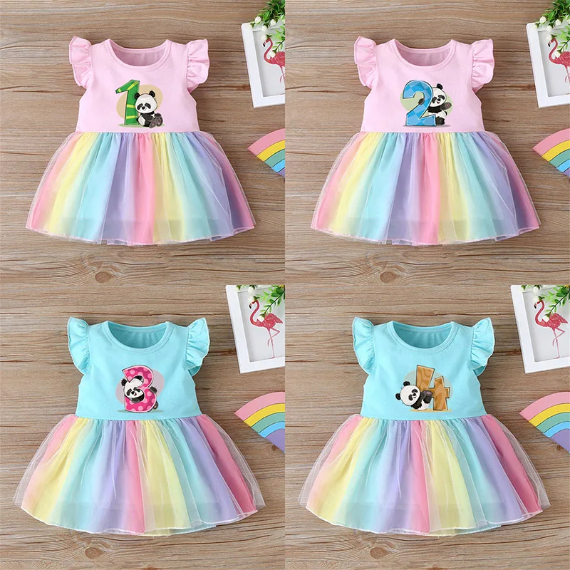 Top Trends: Cute Panda Animal Print Baby 1 2 3 4 Years Birthday Rainbow Dress Infant Girls Children Party Summer Cotton Mesh Dresses Clothes Shoppable Styles