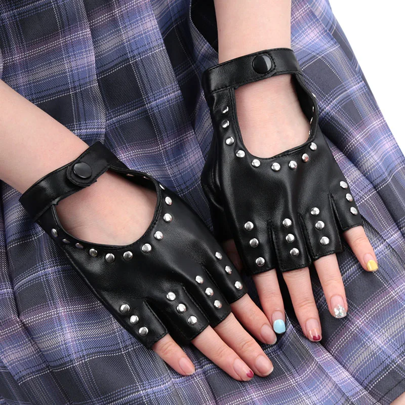 Top Trends: Black Gothic Rivets Fingerless Gloves Semi-Fingers Breathable Driving Men Women Pu Leather Punk Gloves Halloween Dance Gloves Shoppable Styles