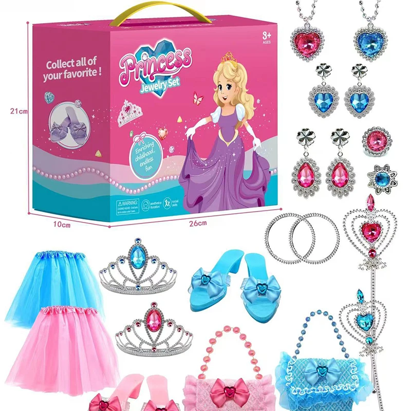 Top Trends: Girls Princess Jewelry Pretend Play Set Accessories Kits Toy Crown Ring Necklace Cloak High Heels Halloween Birthday Party Gift Shoppable Styles