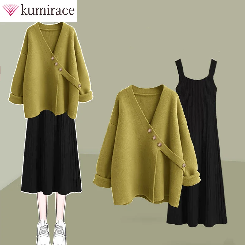 Top Trends: Large Size Set 2023 Korean Autumn New Knitted Sweater Versatile Strap Dress Women&#039;s Two Piece Winter Set Skirt Setdress Sets Shoppable Styles