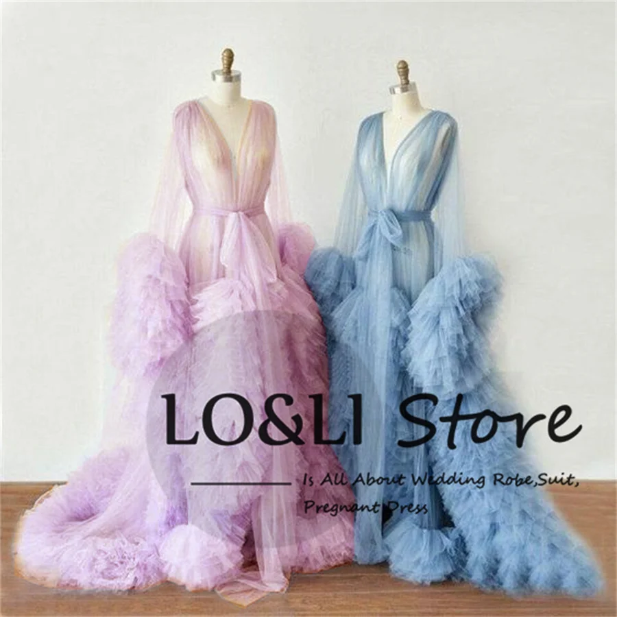 Top Trends: LO&amp;LI Hot Sale Blue Tulle Dress For Women Bride Robe Ruffles Sleeve Long Train Dressing Gown Pregnant Baby Shower Party Custom Shoppable Styles