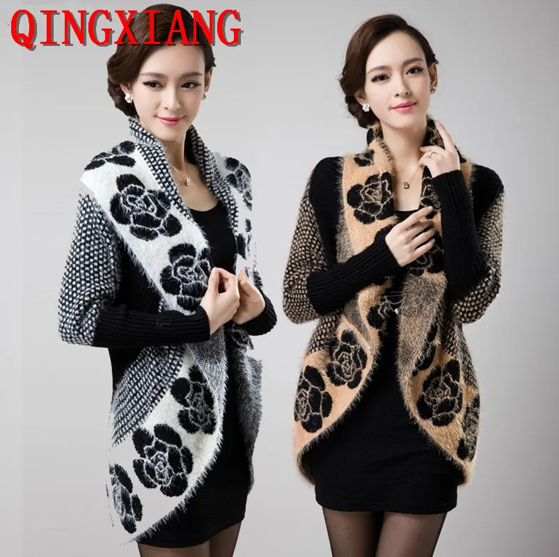 Top Trends: Back Long Knitted Shawl Street Wear Jacquard Floral Sweater Fashion Women Velvet Fur Turn Down Collar Thick Cardigans Knitwear Shoppable Styles