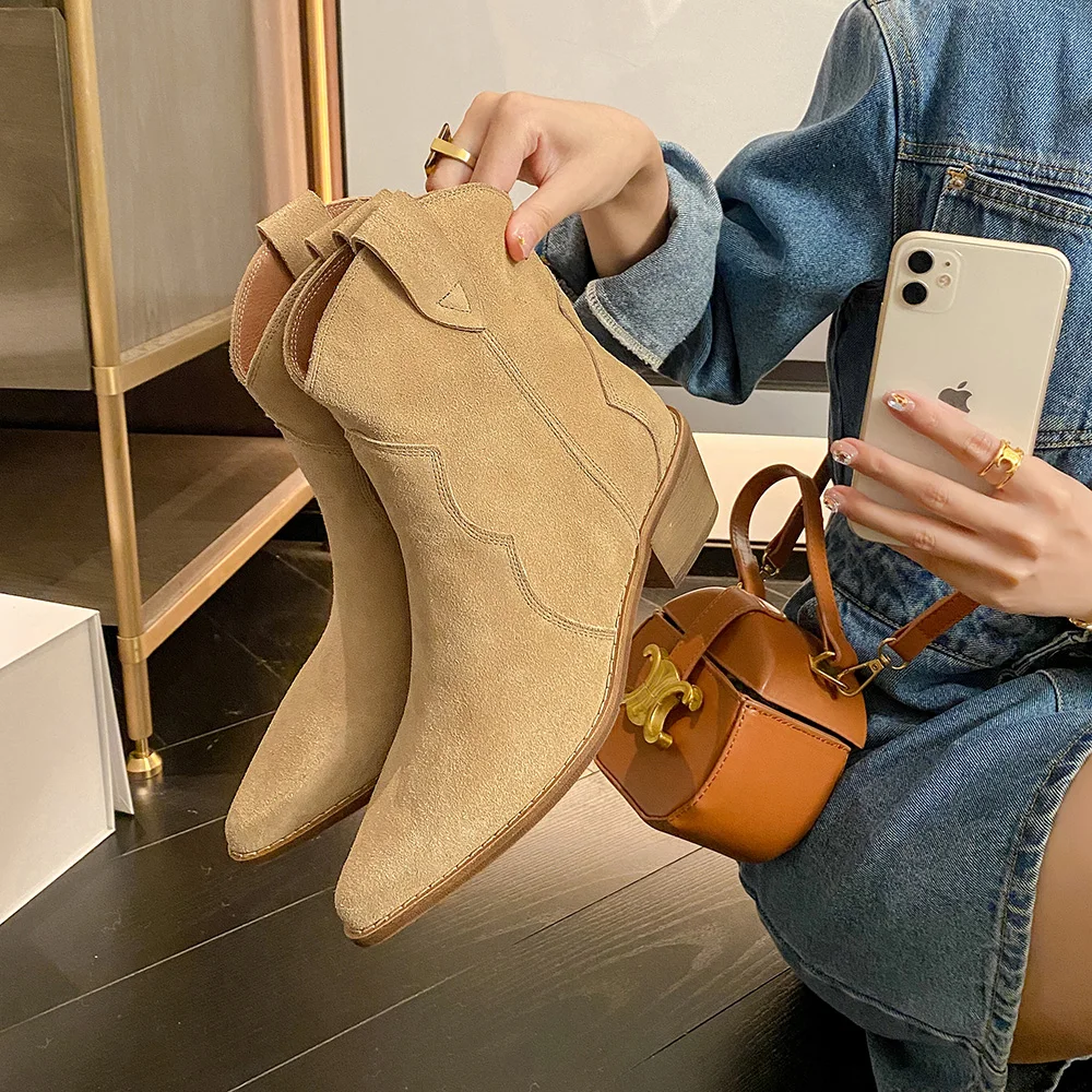 Top Trends: 2023 Classic Western Boots For Woman Cow Suede Pointed Toe Wedges Heel Ankle Boots Simple Comfortable Cowboy Boots Female Shoppable Styles