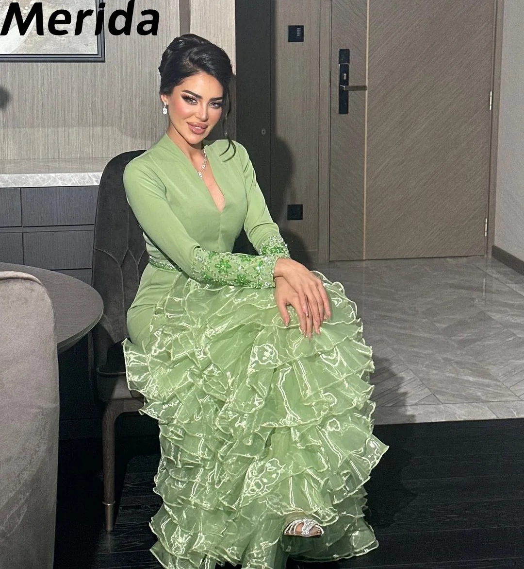 Top Trends: Green Prom Dresses 2023 Rhinestone Beads Mermaid Organza Ruffles Long Sleeves Middle East Customizable Formal Occasion Dresses Shoppable Styles