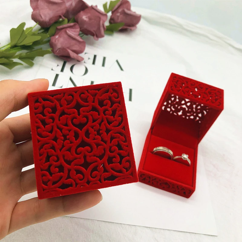 Top Trends: NEW Red Velvet Ring Box Hollow Couple Double Ring Bearer Box For Wedding Engagement Gift Jewelry Organizer Packing Boxes 2022 Shoppable Styles