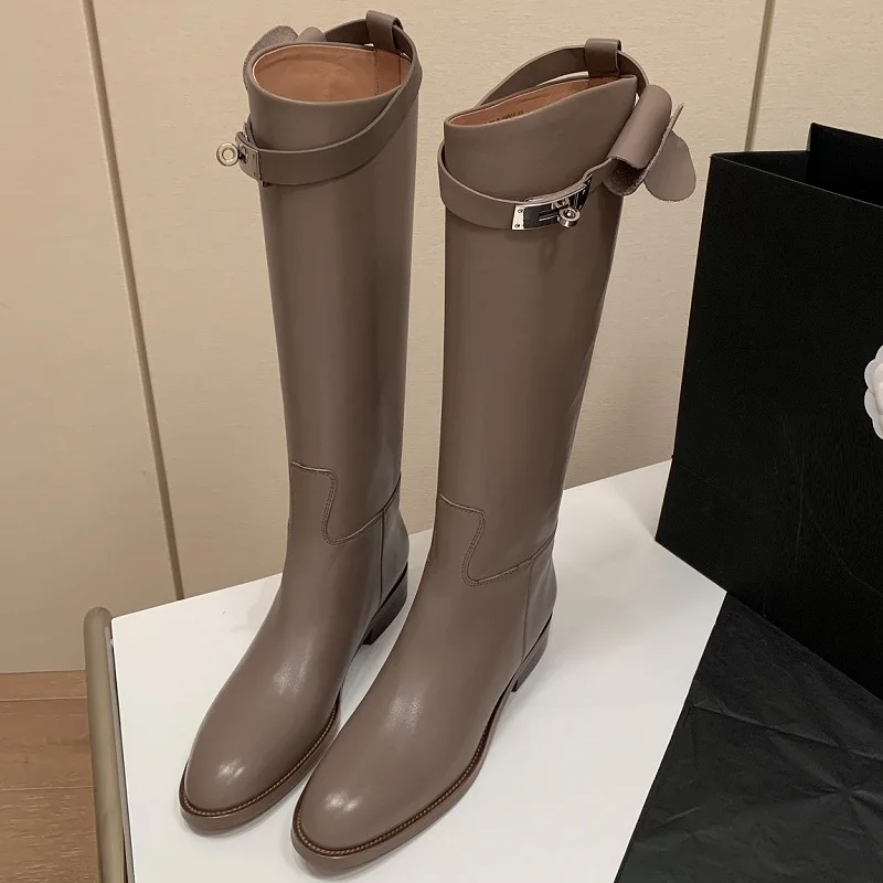 Top Trends: Mid Calf Women's High Boots Slip On Trendy Winter Boots With Silver Buckle Woman Shoes Spring Autumn Riding Equestrian Boots Shoppable Styles