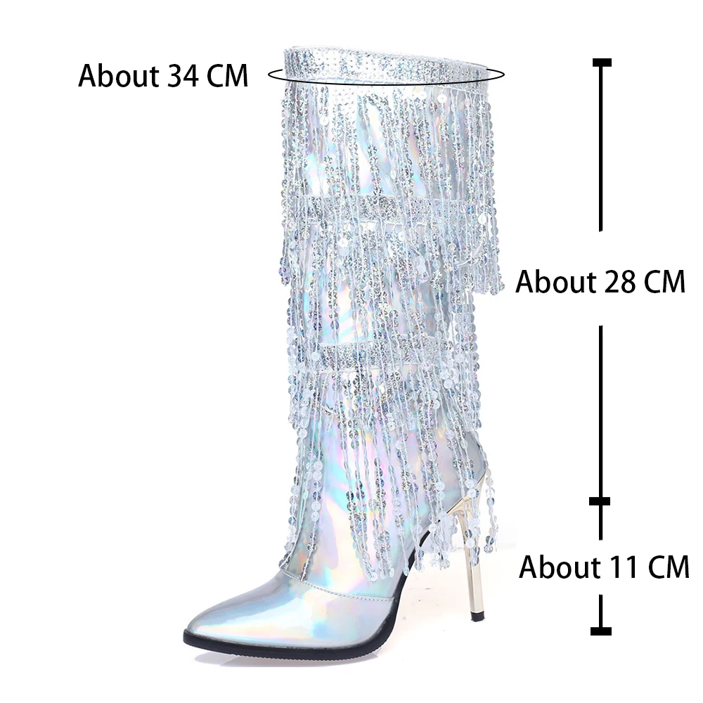 Top Trends: RIBETRINI Fashion Pointed Toe Fringe Sequined Mid Calf Boots For Women Zip Metallic Glitter Sexy Elegant Dress Long Shoes Shoppable Styles - Image 4