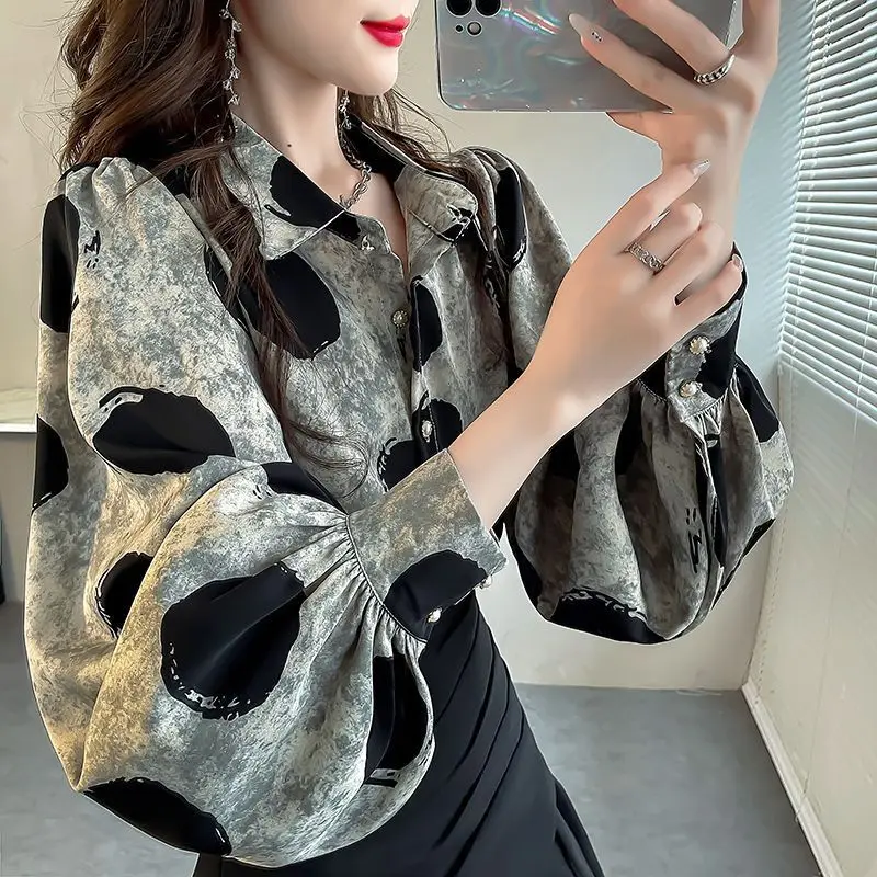 Top Trends: Office Lady Polka Dot Printed Blouse Women&#039;s Clothing Single-breasted Spring Autumn Lantern Sleeve Turn-down Collar Loose Shirt Shoppable Styles