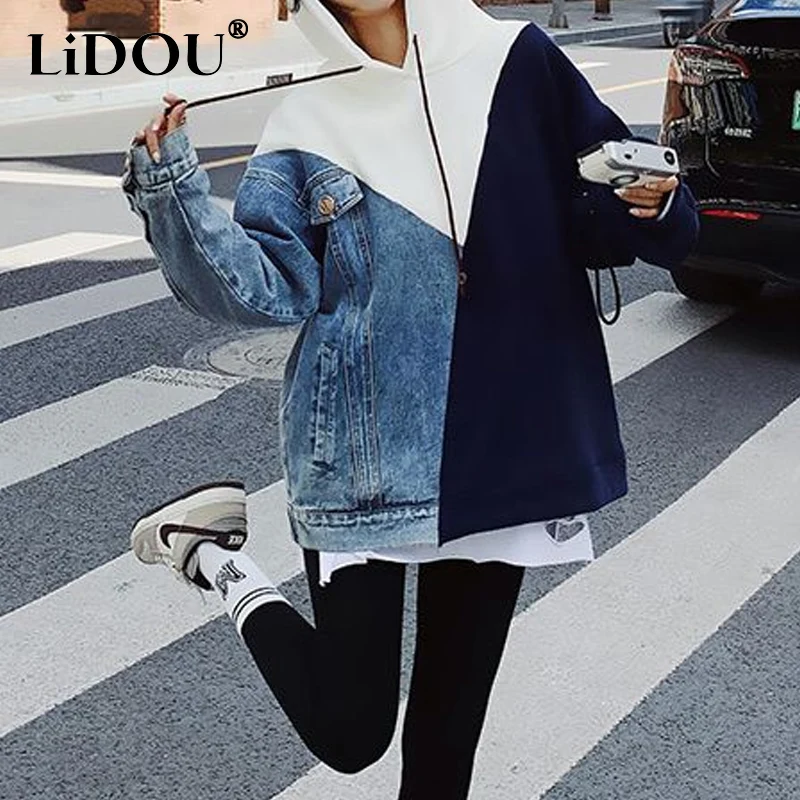 Top Trends: Spring Autumn New Contrast Color Patchwork Hoodies Women High Street Long Sleeve Loose Pullovers Korean Style Mid-length Tops Shoppable Styles