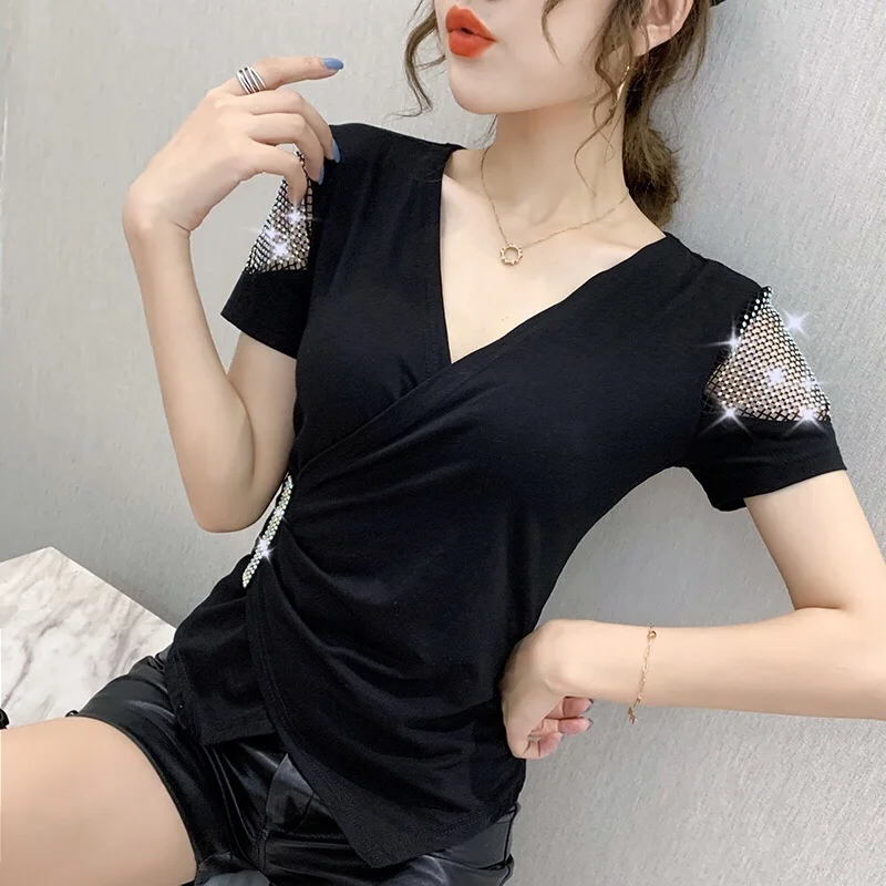 Top Trends: #7204 Black White Red Asymmetrical T Shirt Women V Neck Sexy Short T-shirt Female Spliced Mesh Diamonds Streetwear Tshirt Summer Shoppable Styles