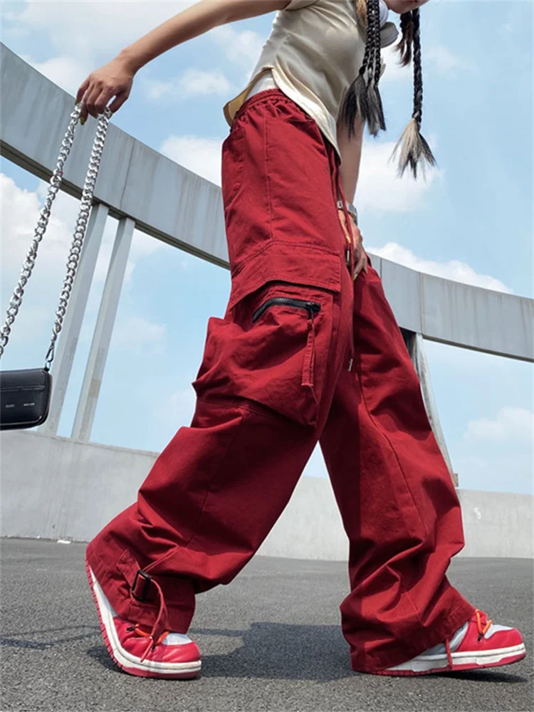 Top Trends: QWEEK Harajuku Streetwear Red Cargo Pants Women Hip Hop Oversized High Street Y2K Pockets Wide Leg Black Jogger Trousers Female Shoppable Styles