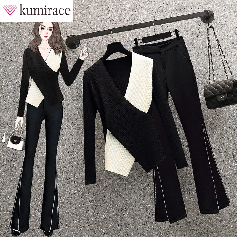 Top Trends: Oversized Spring And Autumn Women's Fashion Design V-Neck Knitted Top Micro Flared Black Pants Slim Two Piece Setclothes For Wom Shoppable Styles