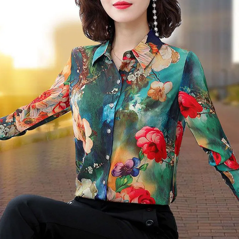 Top Trends: Women Korean Fashion Elegant Print Lapel Button Shirts Spring Autumn Business Casual Office Lady Blouses Female Long Sleeve Tops Shoppable Styles