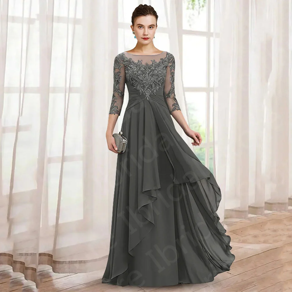 Top Trends: On Sale Modern Gray Lace Mother Of The Bride Dresses Full Length Illusion Neck Wedding Party Gowns 3 / 4 Sleeves Shoppable Styles