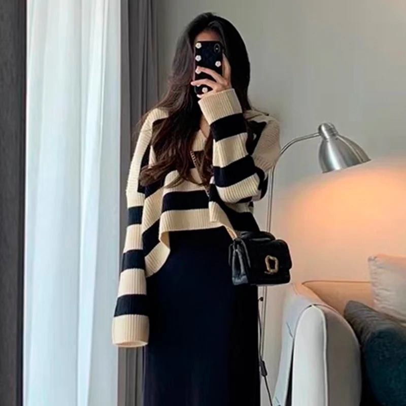 Top Trends: Autumn Women's New Year's Clothes Set Slim Fashionable Strap Dress V-Neck Long Sleeve Striped Sweater Two Piece Set Maternity Shoppable Styles - Image 4