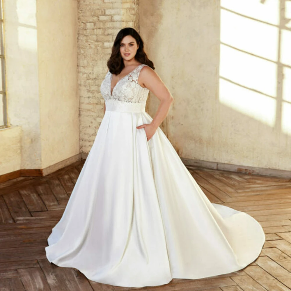 Top Trends: Classic Satin A-Line Wedding Dresses Plus Size V-Neck Sleeveless Bride Gowns Women 2023 Empire Sweep Train Vestido De Noiva Shoppable Styles