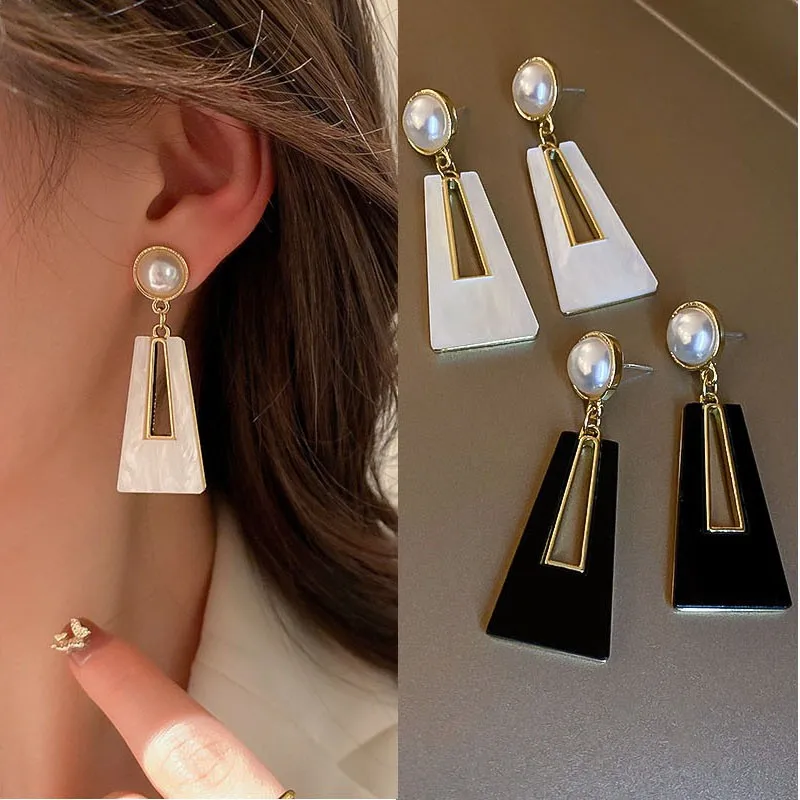 Top Trends: New Acrylic Trapezoidal Geometric Drop Earrings For Women Korean Fashion Luxury Pearl Earrings 2023 Trendy Party Wedding Jewelry Shoppable Styles