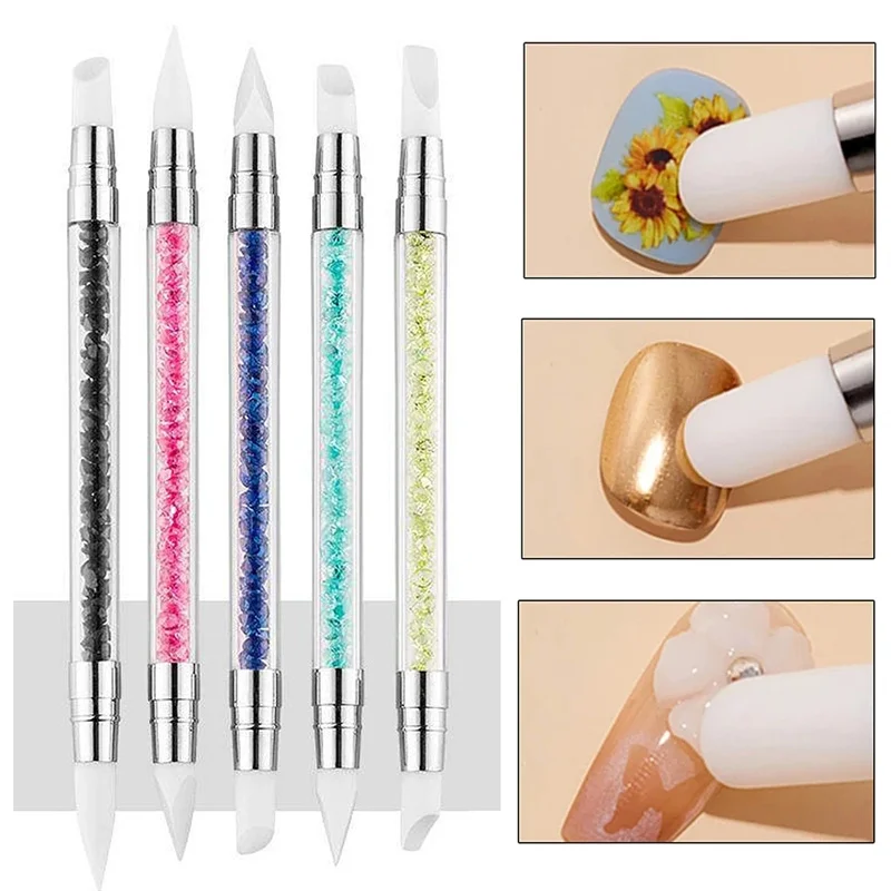 Top Trends: 1 Pcs Dual-Ended Silicone Head Carving Dotting Pen Nail Art Brushes Rhinestone Crystal Handle Tool For DIY Gel Manicure Tools Shoppable Styles