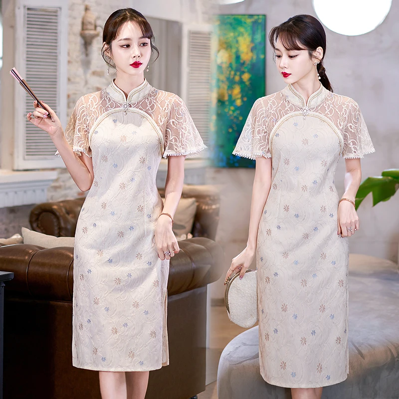 Top Trends: Chinese Traditional Retro Improved Cheongsam New Short Sleeve Lace Qipao Dress For Women Clothing Shoppable Styles