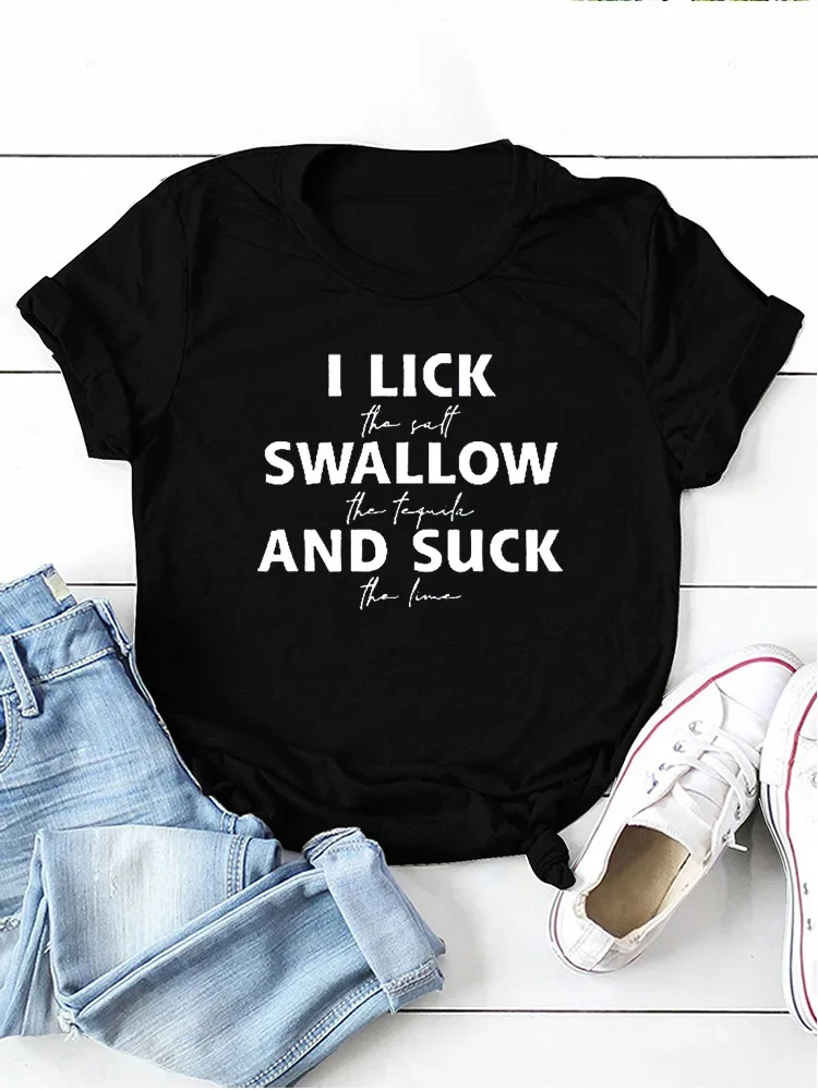 Top Trends: Lick Swallow And Suck Letter Print Women T Shirt Short Sleeve O Neck Loose Women Tshirt Ladies Tee Shirt Tops Camisetas Mujer Shoppable Styles