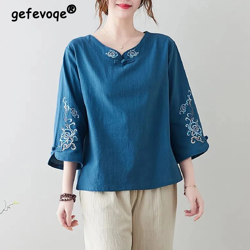 Top Trends: Women Clothing Vintage Embroidery Chinese Ethnic Style Tops Cotton Linen Blouses Spring Autumn Loose Shirt Blusa Mujer Moda 2023 Shoppable Styles