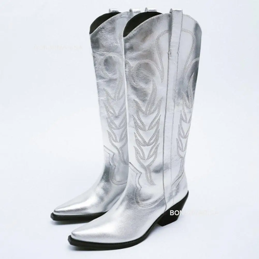 Top Trends: Cowboy Cowgirl Boots For Women Metallic Silver Stacked Heeled Zip Western Mid Calf Boots Casual Embroidered Brand Luxury Shoes Shoppable Styles