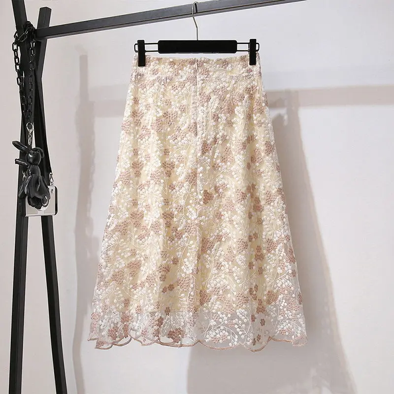 Top Trends: Fashion Floral Heavy Industry Embroidery Lace Skirt Women High Quality Slim Office Lady Classic A-word Large Swing Skirt Shoppable Styles - Image 3