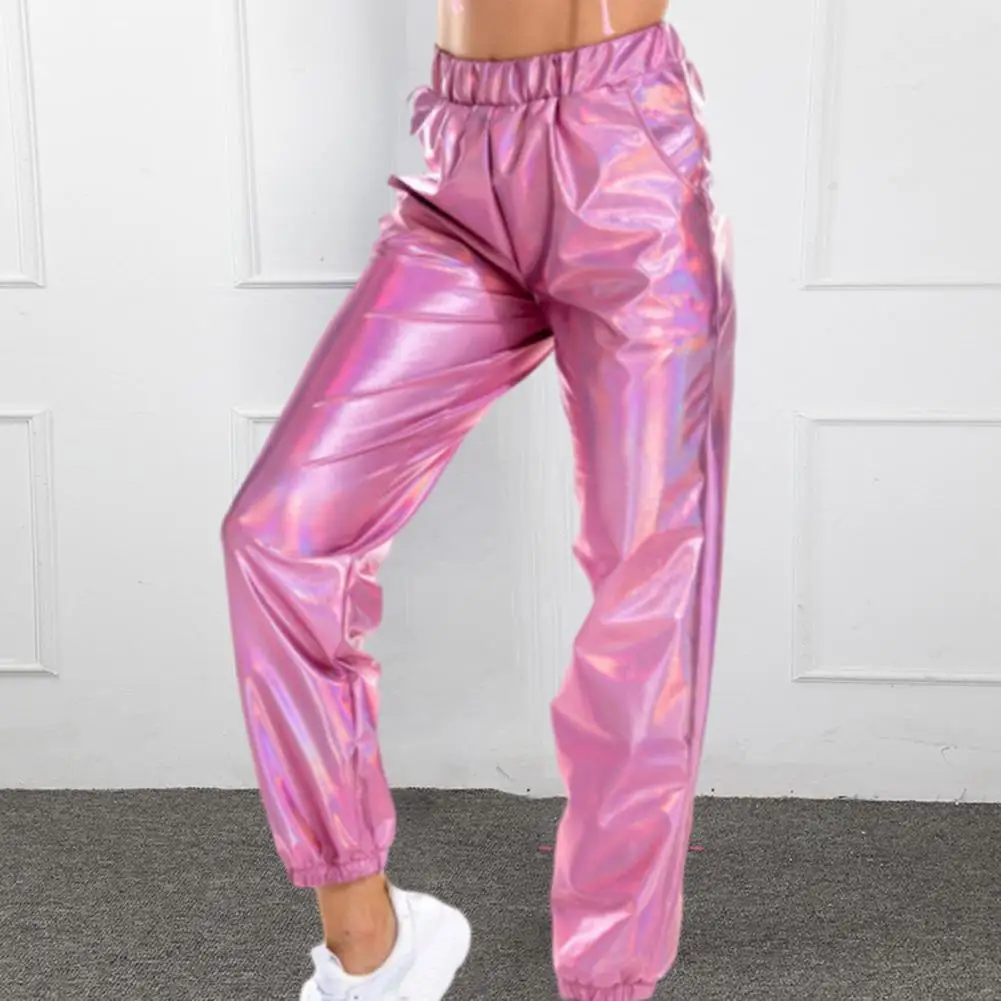 Top Trends: Shiny Laser Pants Women Pants High Waist Glossy Elastic Waist Ankle-banded Slim Fit Clubwear Stage Performance Harem Trousers Shoppable Styles