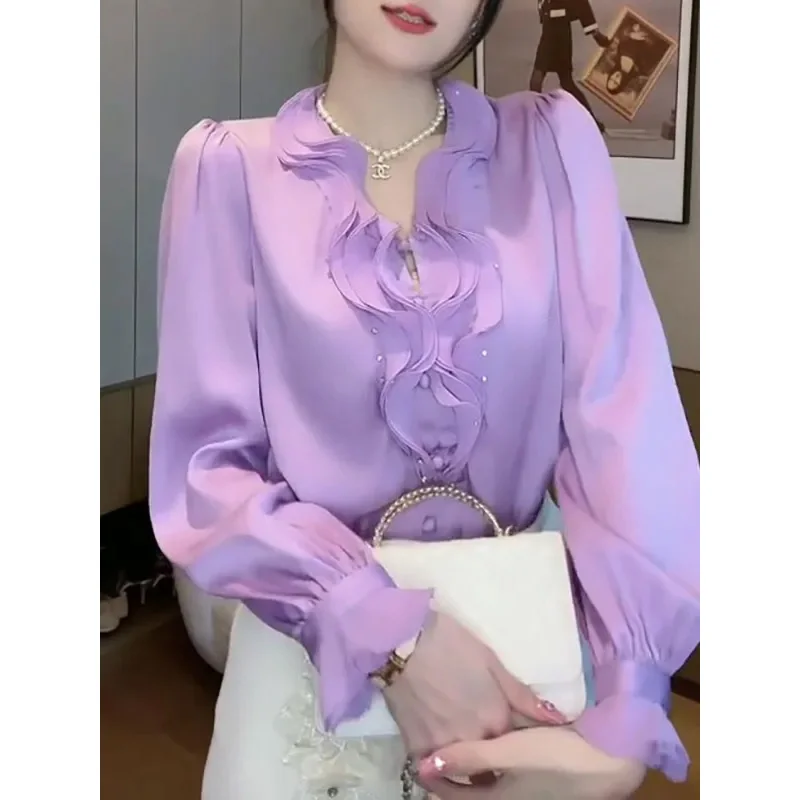 Top Trends: 2023 New Spring And Autumn Design Sense Solid V-neck Ruffle Edge Light Luxury Luxury High Grade Temperament Covering Belly Shirt Shoppable Styles