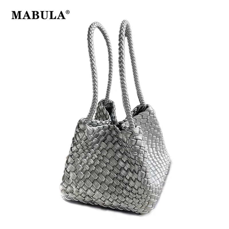 Top Trends: MABULA 2 Pcs Set Silver Women Woven PU Leather Top Handle Handbag Fashion Square Vegetable Basket For Shopper High Quality Purse Shoppable Styles