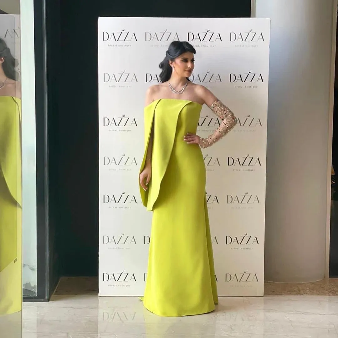 Top Trends: 2023 Yellow Green Modern Boat Neck Strapless Evening Dress Floor Length Satin Crystal Saudi Arabia Prom جلابيات نسائية لسهرات Shoppable Styles