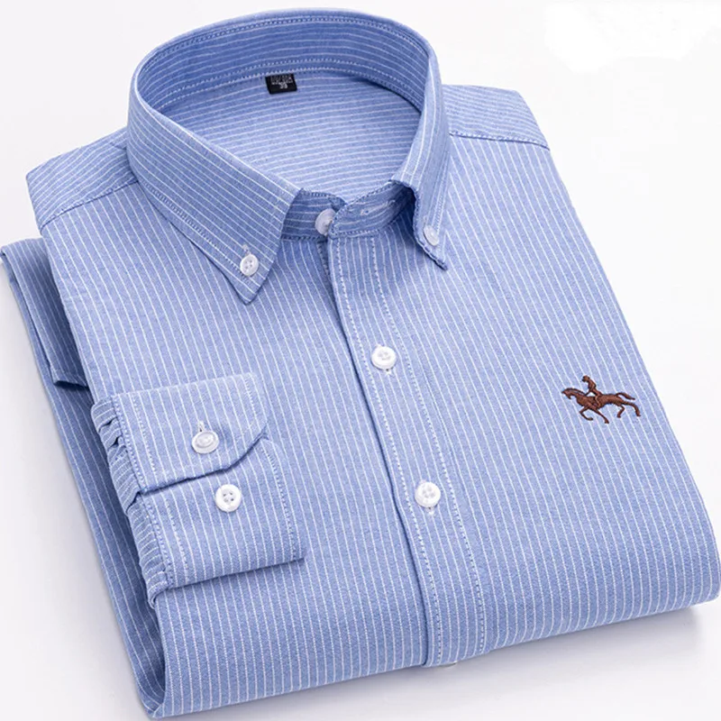 Top Trends: 100% Cotton Oxford Shirts For Men Long Sleeve Embroedered Horse Leisure Without Pocket Plaid Solid Striped Dress Shirts Plus 6XL Shoppable Styles