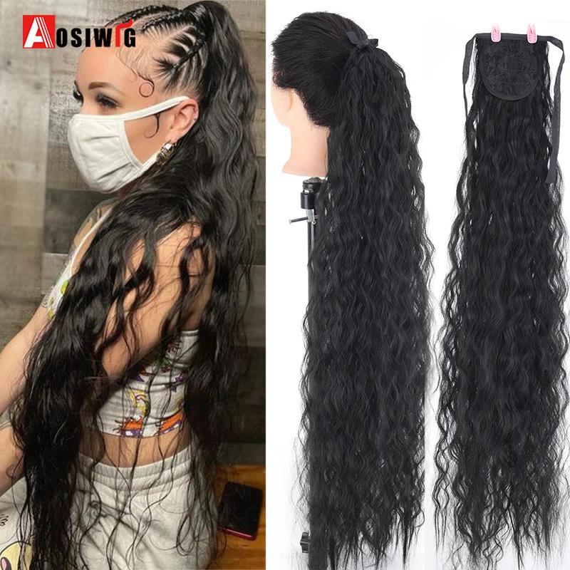 Top Trends: Aosiwig Synthetic Ponytail Kiinky Curly Drawstring Black Super Long Fake False Hair Piece Clip In Pony Tail Hairpiece For Women Shoppable Styles