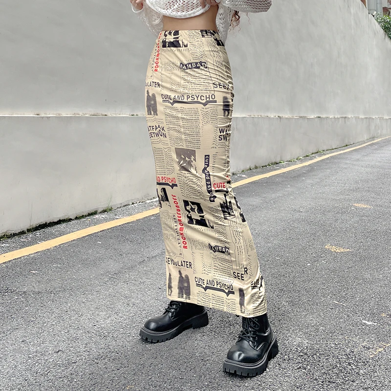 Top Trends: Y2K Women's Ankle-Length Skirts Newspaper Pattern Print Chic Vintage Style High Waist Elastic Casual Versatile Skirts Streetwear Shoppable Styles