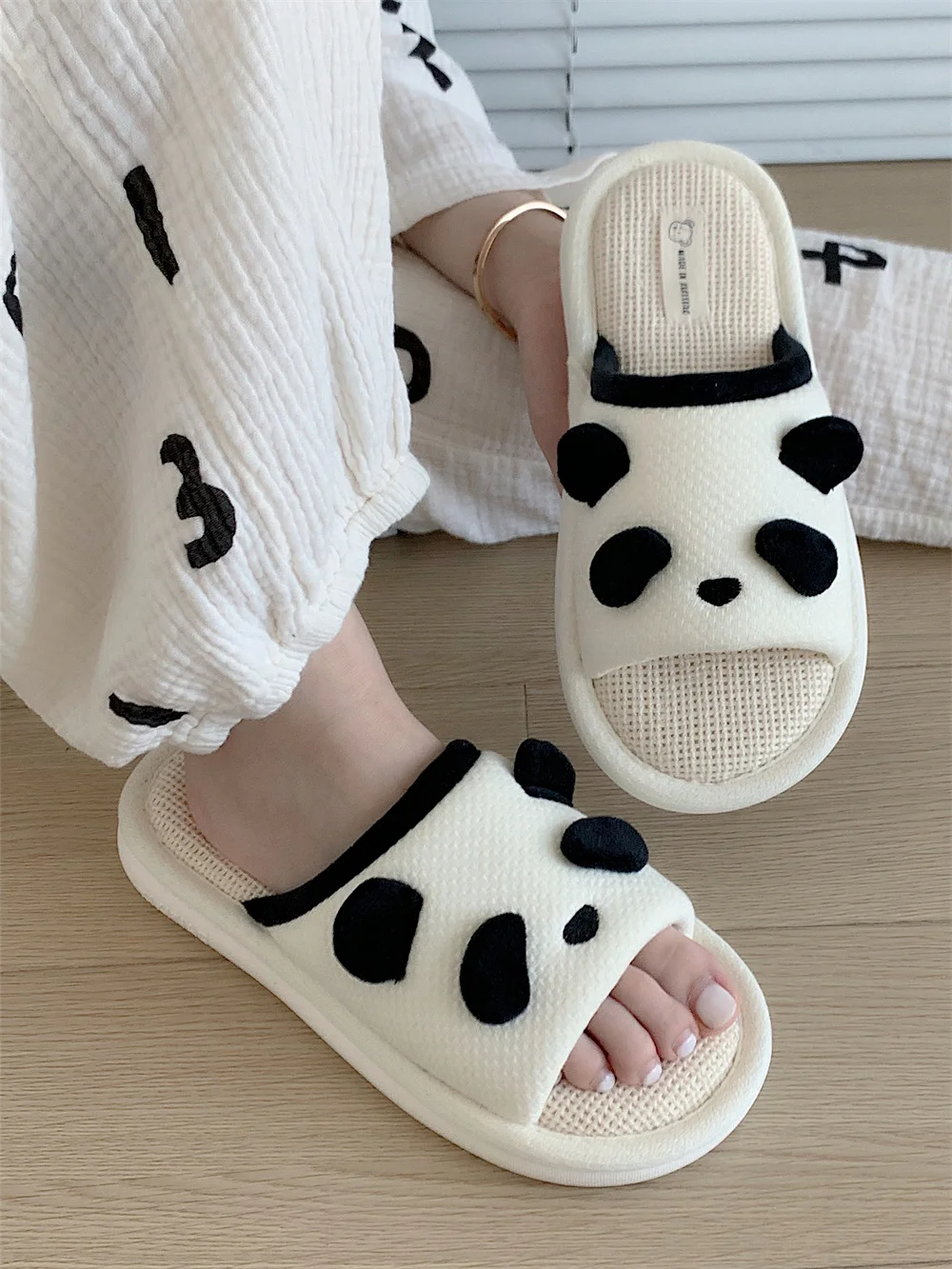 Top Trends: Panda Linen Slippers For Women Man Four Seasons Indoor Anti Slip Soft Sole Cute Stillness Floor Slipper For Couple Shoppable Styles