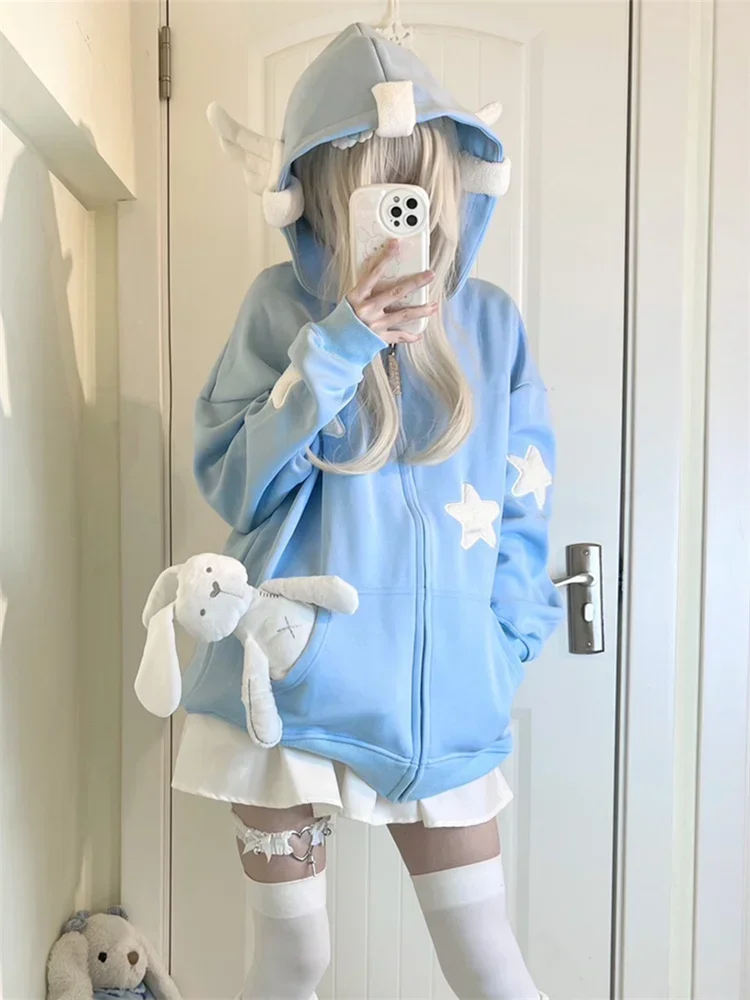 Top Trends: QWEEK Japanese Y2K Zip Up Blue Hoodie Women Harajuku Kawaii Angel Wings Pink Sweatshirts Oversized Subculture Star Black Jacket Shoppable Styles