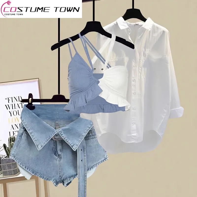 Top Trends: Summer Set Women&#039;s 2023 New Large Women&#039;s Korean Fashion Tank Top Versatile Shirt Denim Shorts Three Piece Set Shoppable Styles