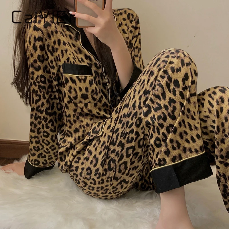 Top Trends: CAIYIER 2022 Autumn Winter Women Nightwear Sexy Leopard Grain Long-sleeved Cardigan Sleepwear Female Korean Leisure Pajamas Set Shoppable Styles