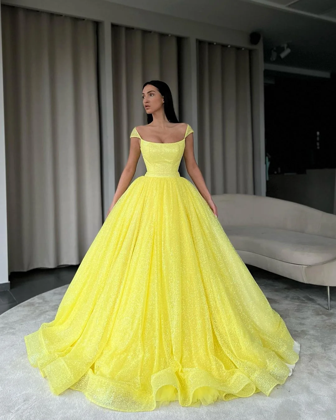 Top Trends: JEHETH Modern Yellow Tulle Prom Dresses Cap Sleeves Square Collar Evening Party Dress A Line Long Shiny Robes De Cocktail Shoppable Styles - Image 3