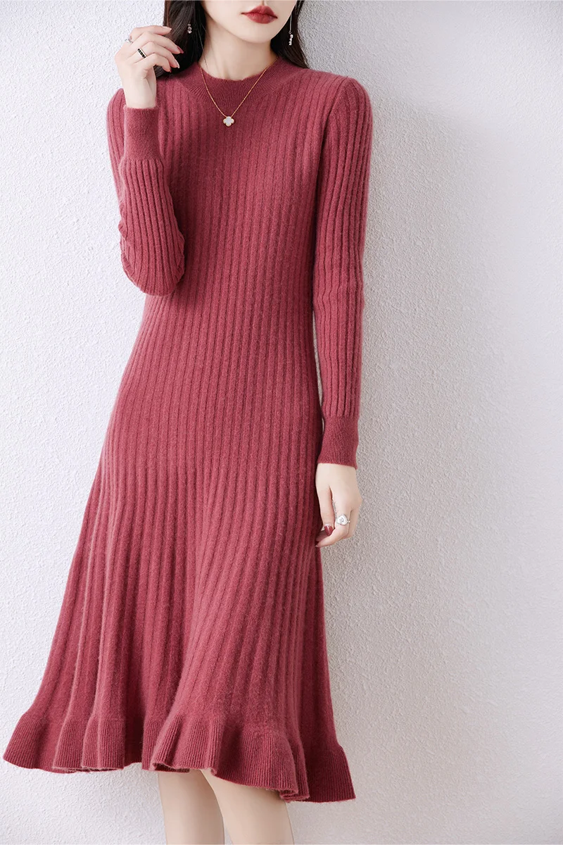 Top Trends: 100% Merino Wool Long Sweater 2023 Autumn Women's New Knee-Length Dress Round Neck Pleated Solid Color Commuting Shoppable Styles