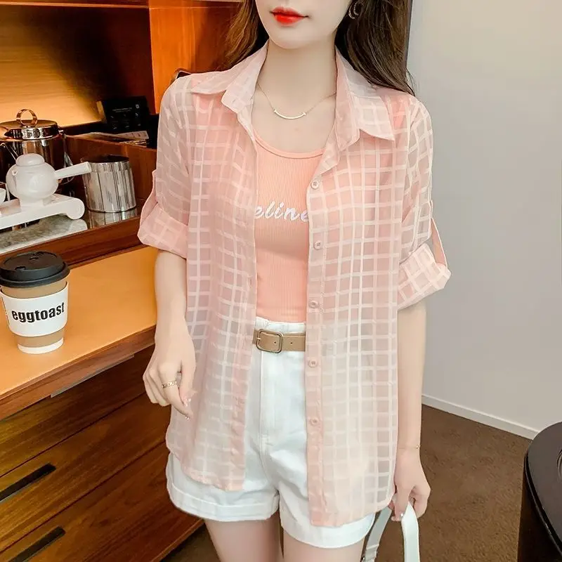 Top Trends: Button Loose Comfortable Turn-down Collar Blouses Simplicity Solid Plaid Fashion Casual Spring Summer New Women's Clothing 2023 Shoppable Styles