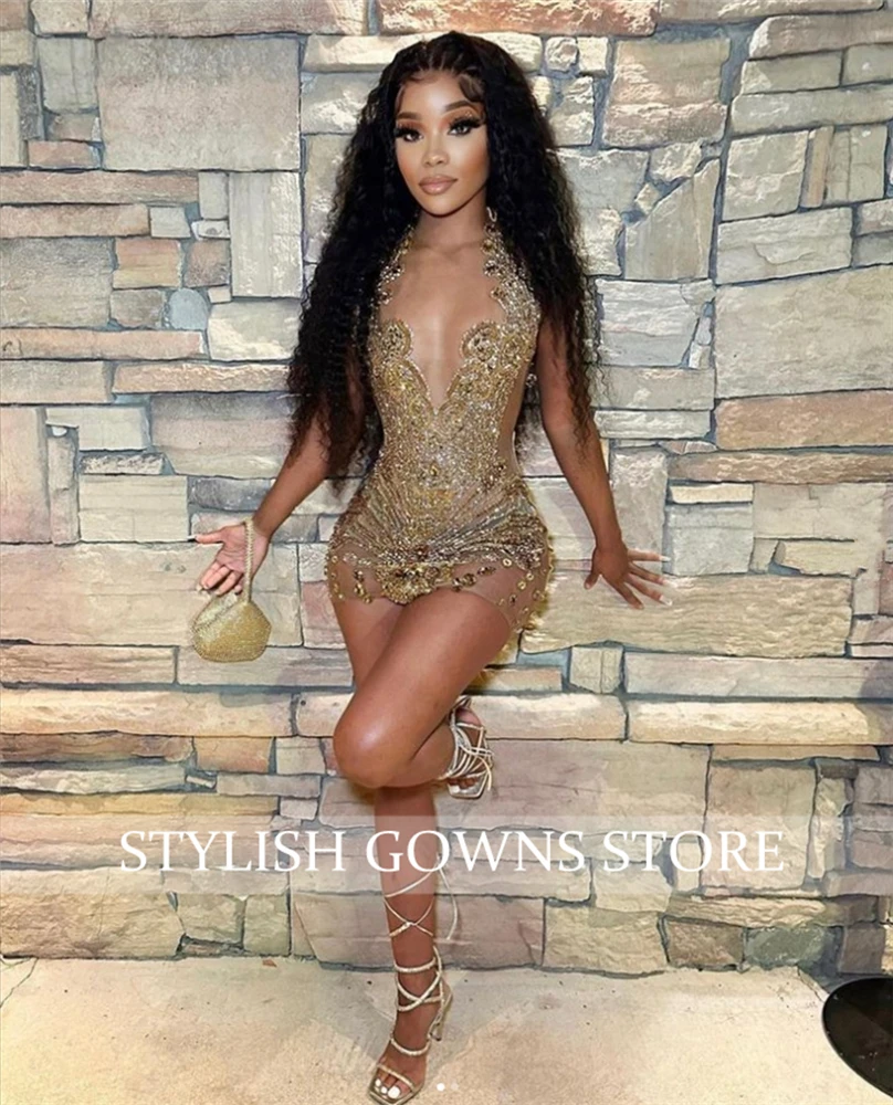 Top Trends: Sparkly Gold Sheer O Neck Short Prom Dress For Black Girl Beaded Crystal Diamond Birthday Party Dresses Mini Cocktail Homecoming Shoppable Styles - Image 2