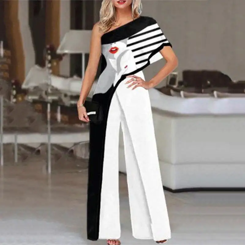 Top Trends: Women's Print Elegant Jumpsuit Sexy One Shoulder Short Sleeve Flare Pants One Piece High Waist Fashion Prom Evening Party Rom Shoppable Styles